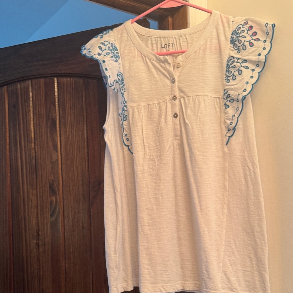 LOFT Ivory Blouse with blue Embroidered Ruffle Sleeves
